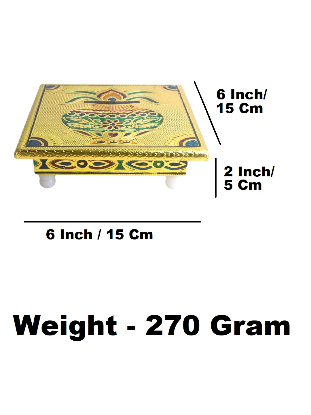 Sigaram 6x6 Inch Gold Plated Wooden Bajot/Chowki for Home Pooja Decor K5233