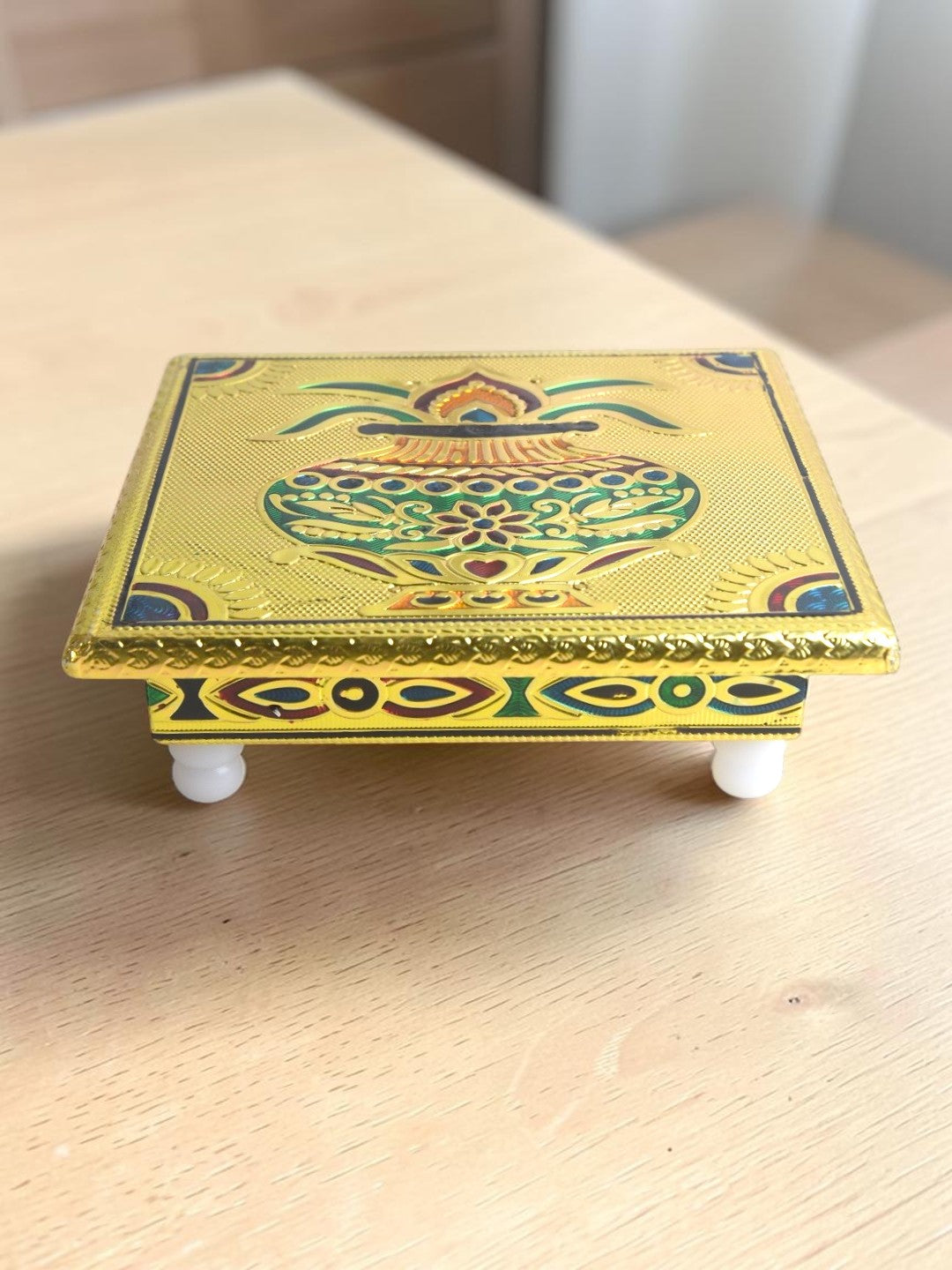 Sigaram 6x6 Inch Gold Plated Wooden Bajot/Chowki for Home Pooja Decor K5233