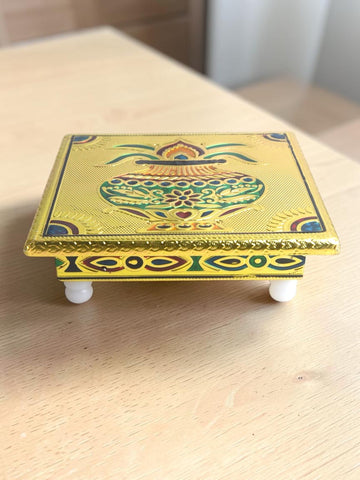Sigaram 6x6 Inch Gold Plated Wooden Bajot/Chowki for Home Pooja Decor K5233