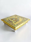 Sigaram 8x8 Inch Gold Plated Wooden Bajot/Chowki for Home Pooja Decor K5234