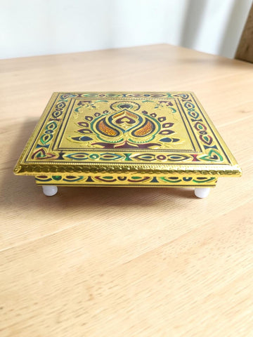 Sigaram 8x8 Inch Gold Plated Wooden Bajot/Chowki for Home Pooja Decor K5234