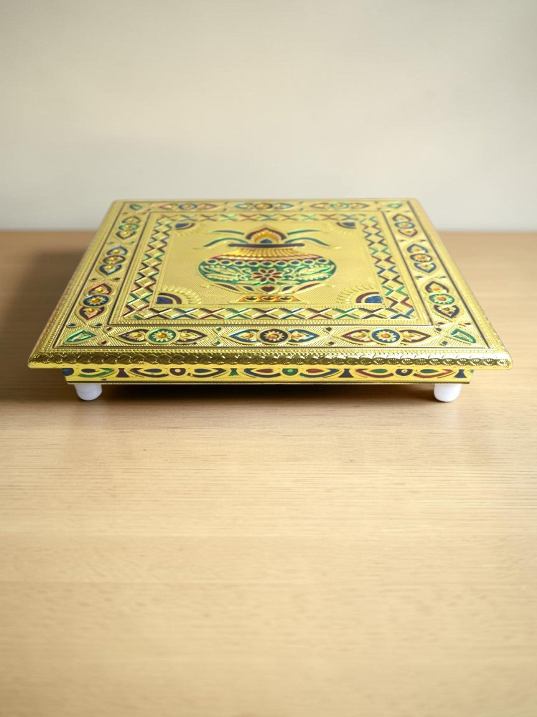 Sigaram 10x10 Inch Gold Plated Wooden Bajot/Chowki for Home Pooja Decor K5235