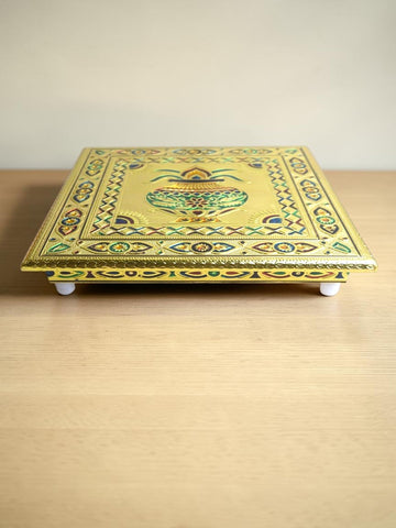 Sigaram 10x10 Inch Gold Plated Wooden Bajot/Chowki for Home Pooja Decor K5235