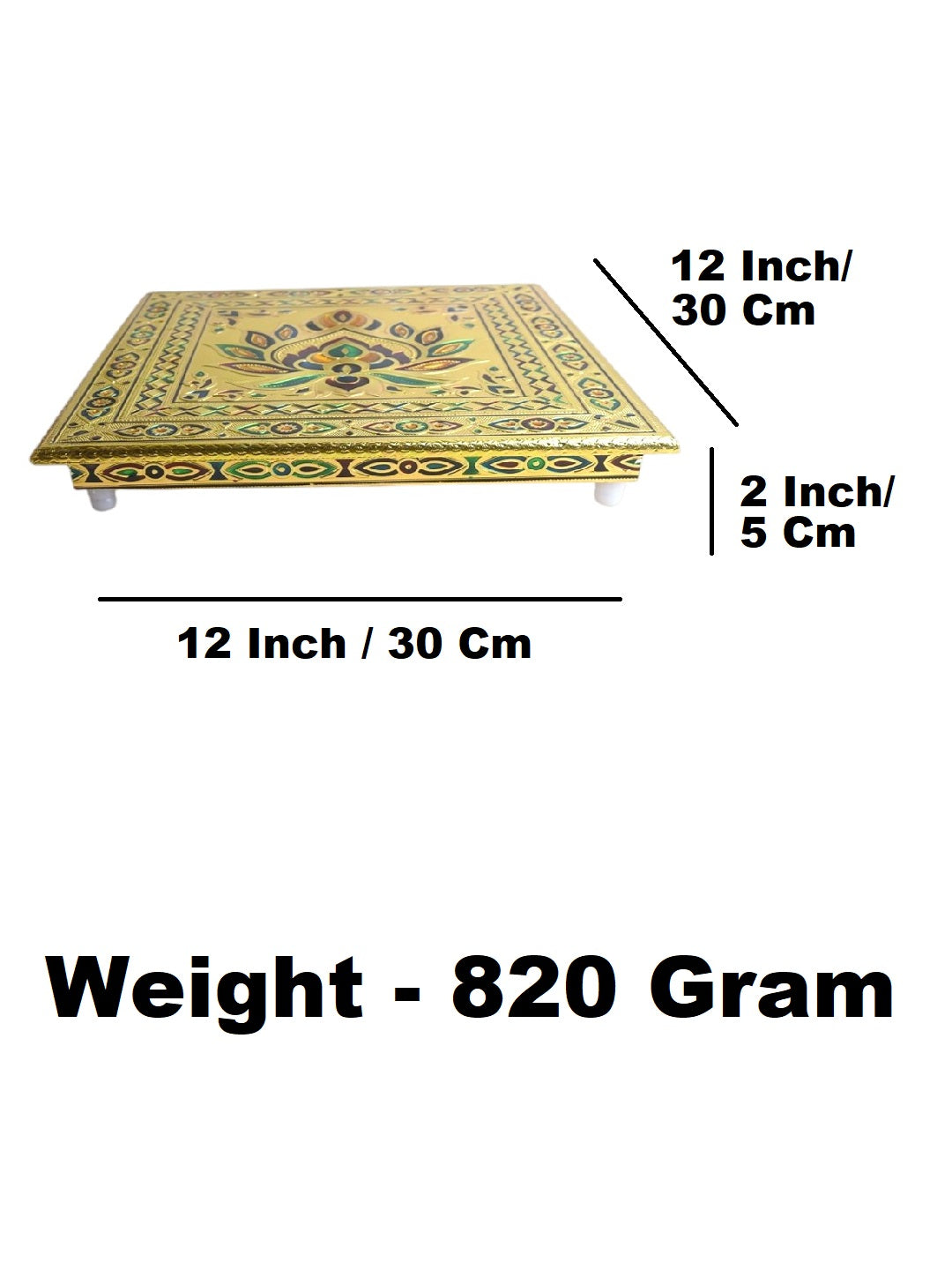 Sigaram 12x12 Inch Gold Plated Wooden Bajot/Chowki for Home Pooja Decor K5236