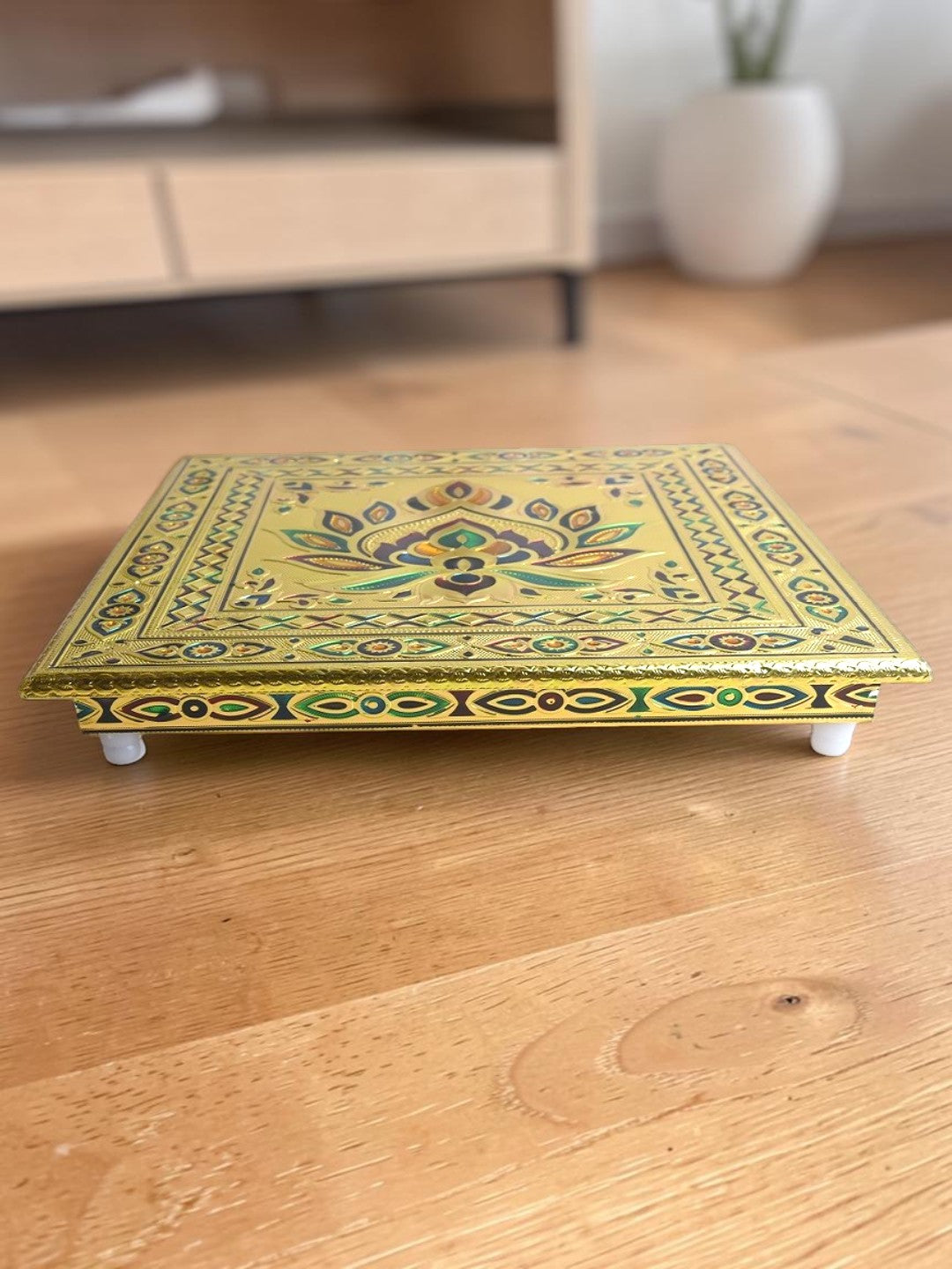 Sigaram 12x12 Inch Gold Plated Wooden Bajot/Chowki for Home Pooja Decor K5236