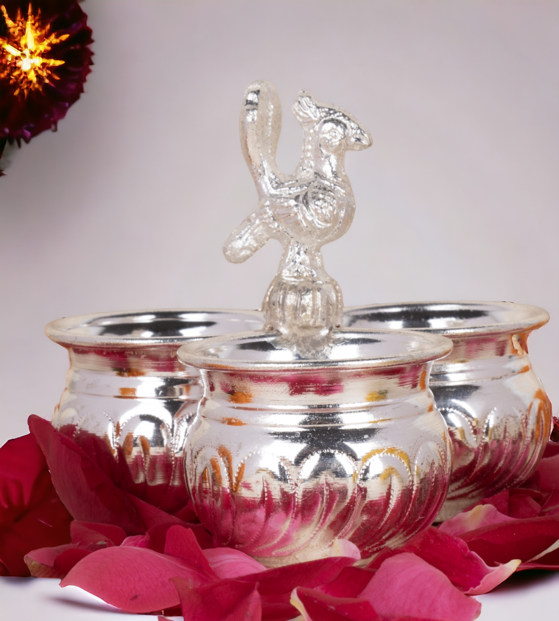 Sigaram German Silver 4X3 Inch 3Cup Panchwala Kum Kum Bharani For Home Pooja Decor K2569