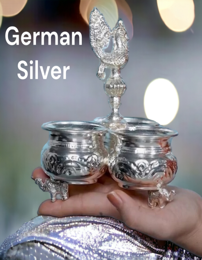 Sigaram German Silver 3Cup Panchwala With Peacock Head For Home Pooja Decor K2579