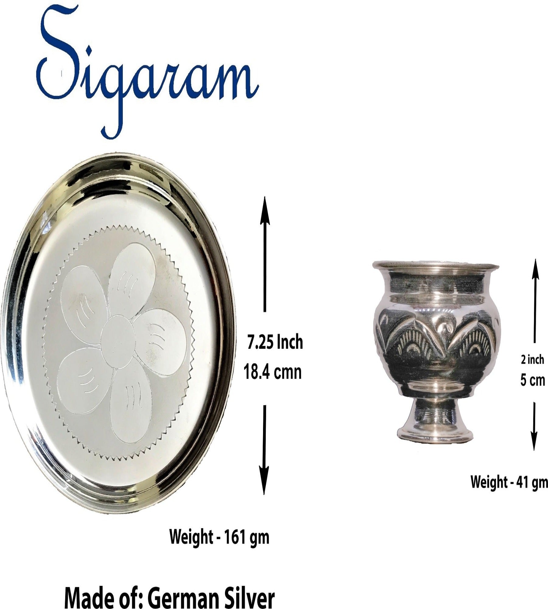 Sigaram German Silver 7 Inch Plate and Kum Kum Cup For Home Pooja Decore K2425