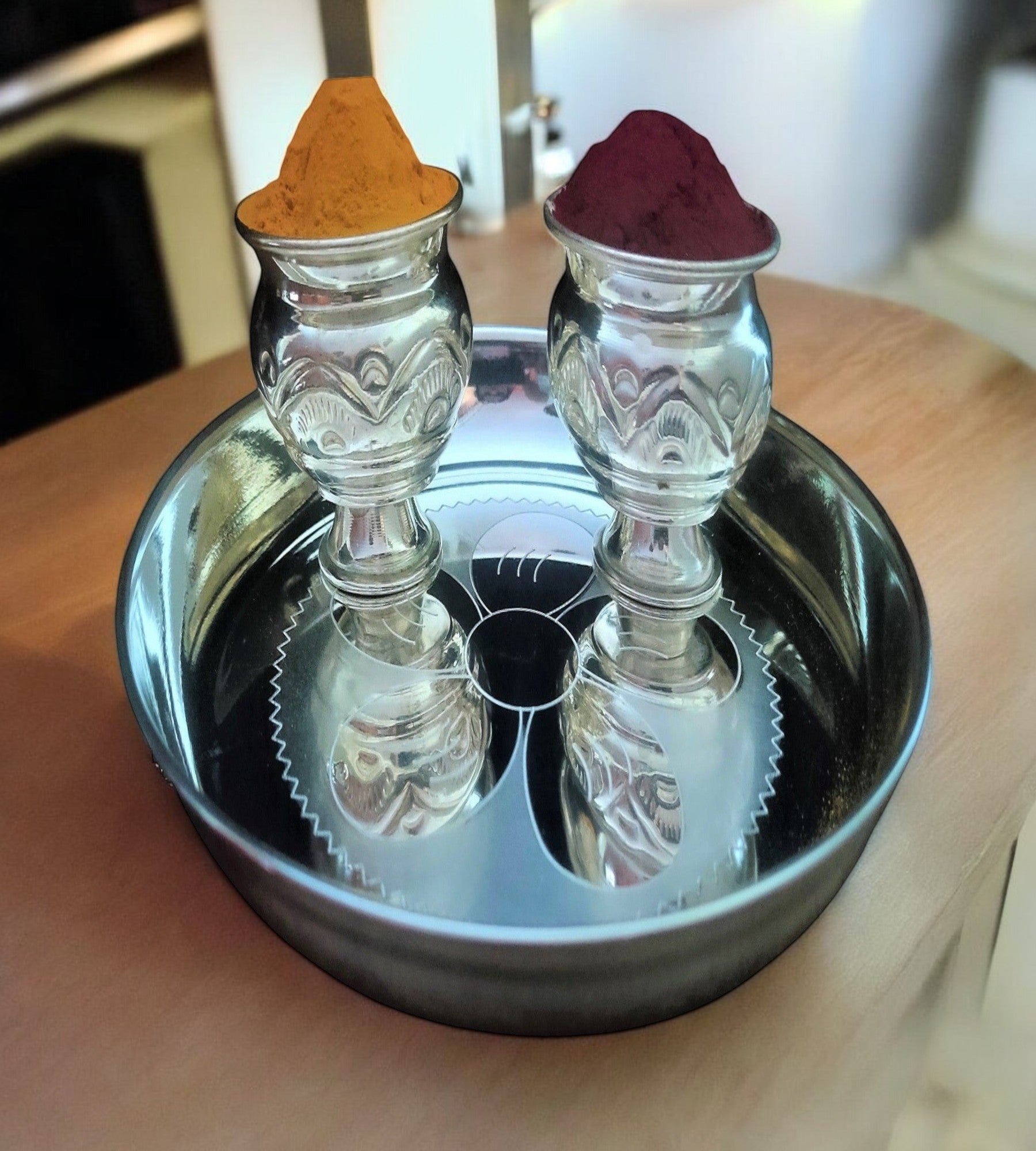 Sigaram German Silver 7 Inch Plate and Kum Kum Cup For Home Pooja Decore K2425