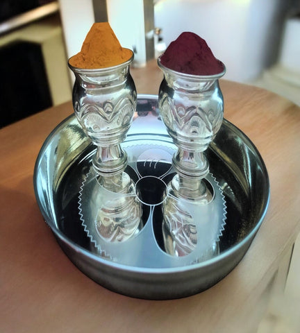 Sigaram German Silver 7 Inch Plate and Kum Kum Cup For Home Pooja Decore K2425