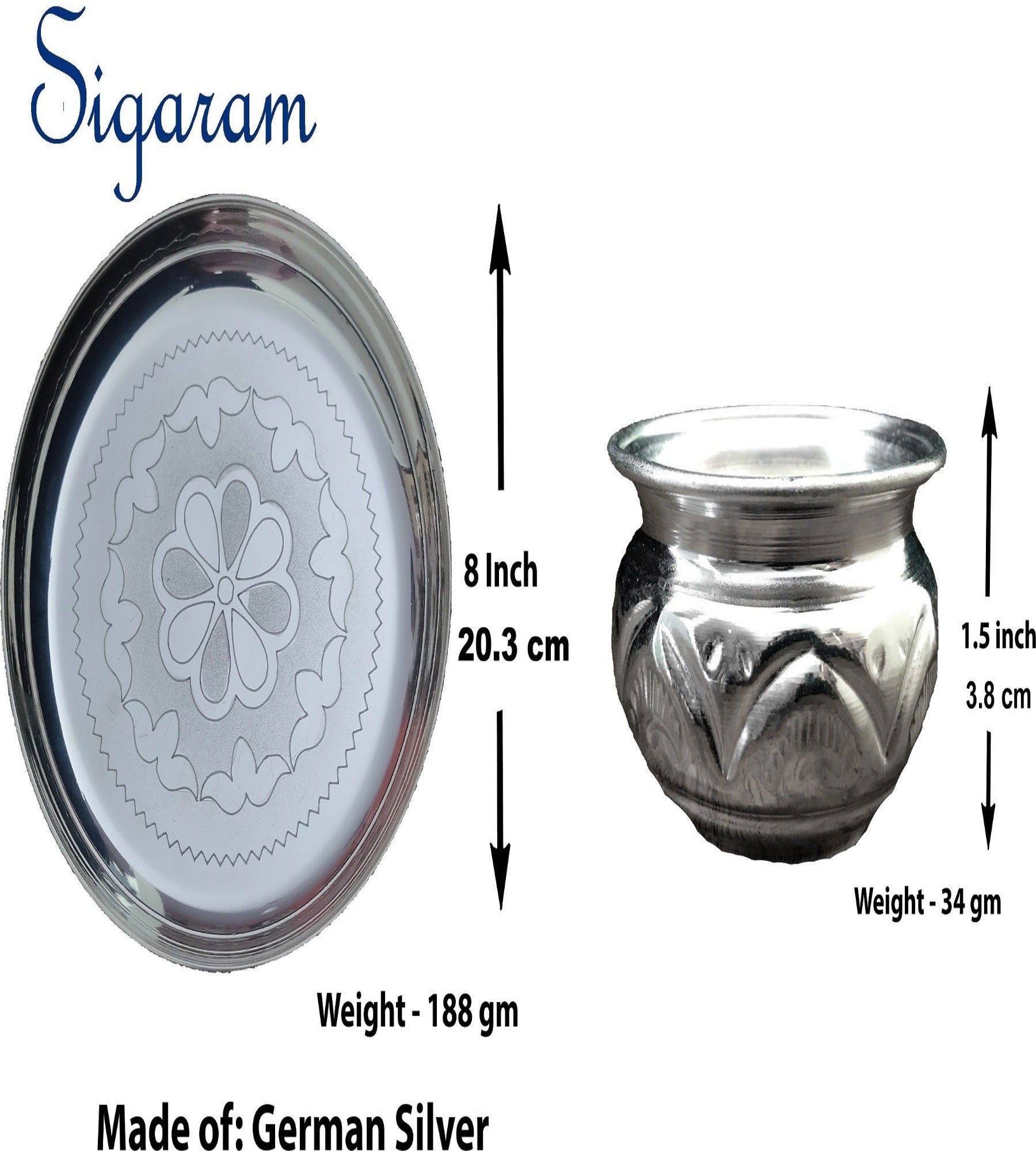 Sigaram German Silver 8 Inch Plate and Kum Kum Cup For Home Pooja Decore K2434
