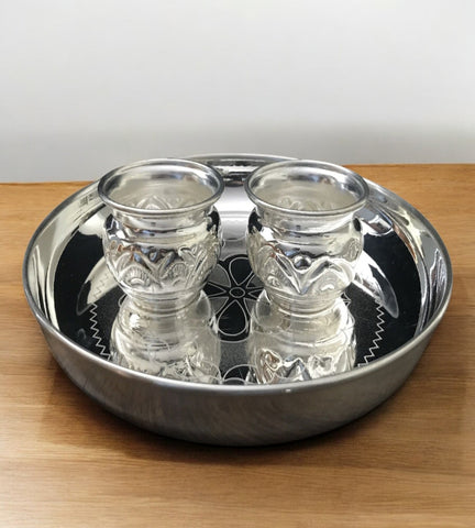 Sigaram German Silver 8 Inch Plate and Kum Kum Cup For Home Pooja Decore K2434
