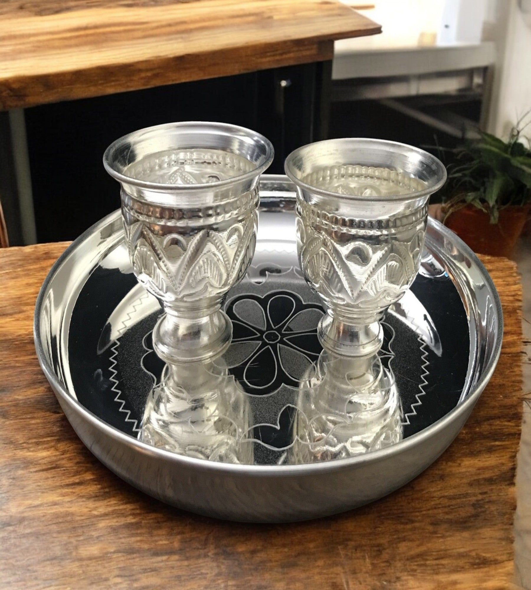 Sigaram German Silver 8 Inch Plate and Kum Kum Cup For Home Pooja Decore K 2435