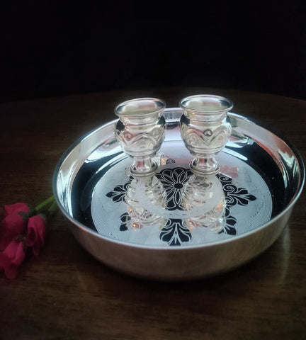 Sigaram German Silver 9 Inch Plate and Kum Kum Cup For Home Pooja Decore K2442