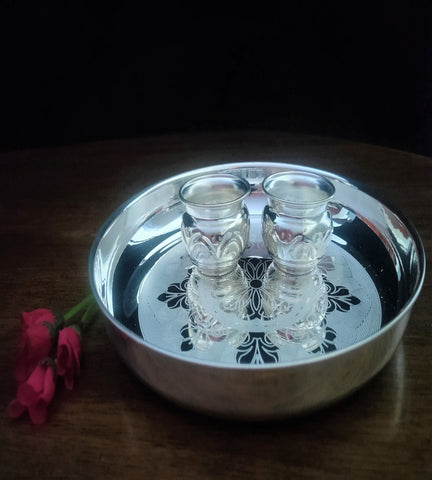 Sigaram German Silver 9 Inch Plate and Kum Kum Cup For Home Pooja Decore K2443
