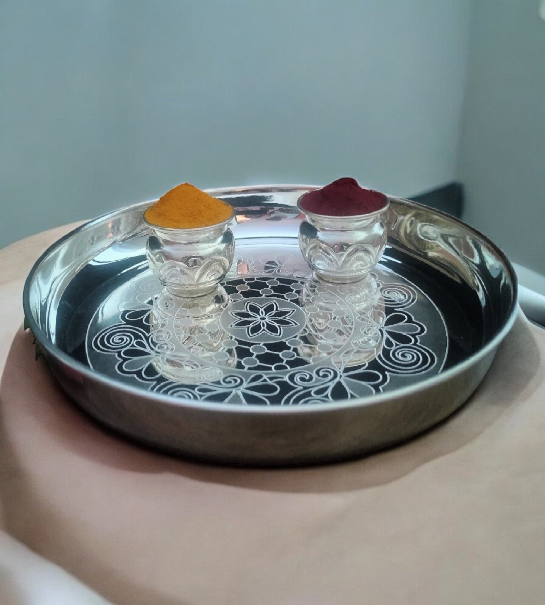 Sigaram German Silver 10 Inch Plate and Kum Kum Cup For Home Pooja Decore K2449