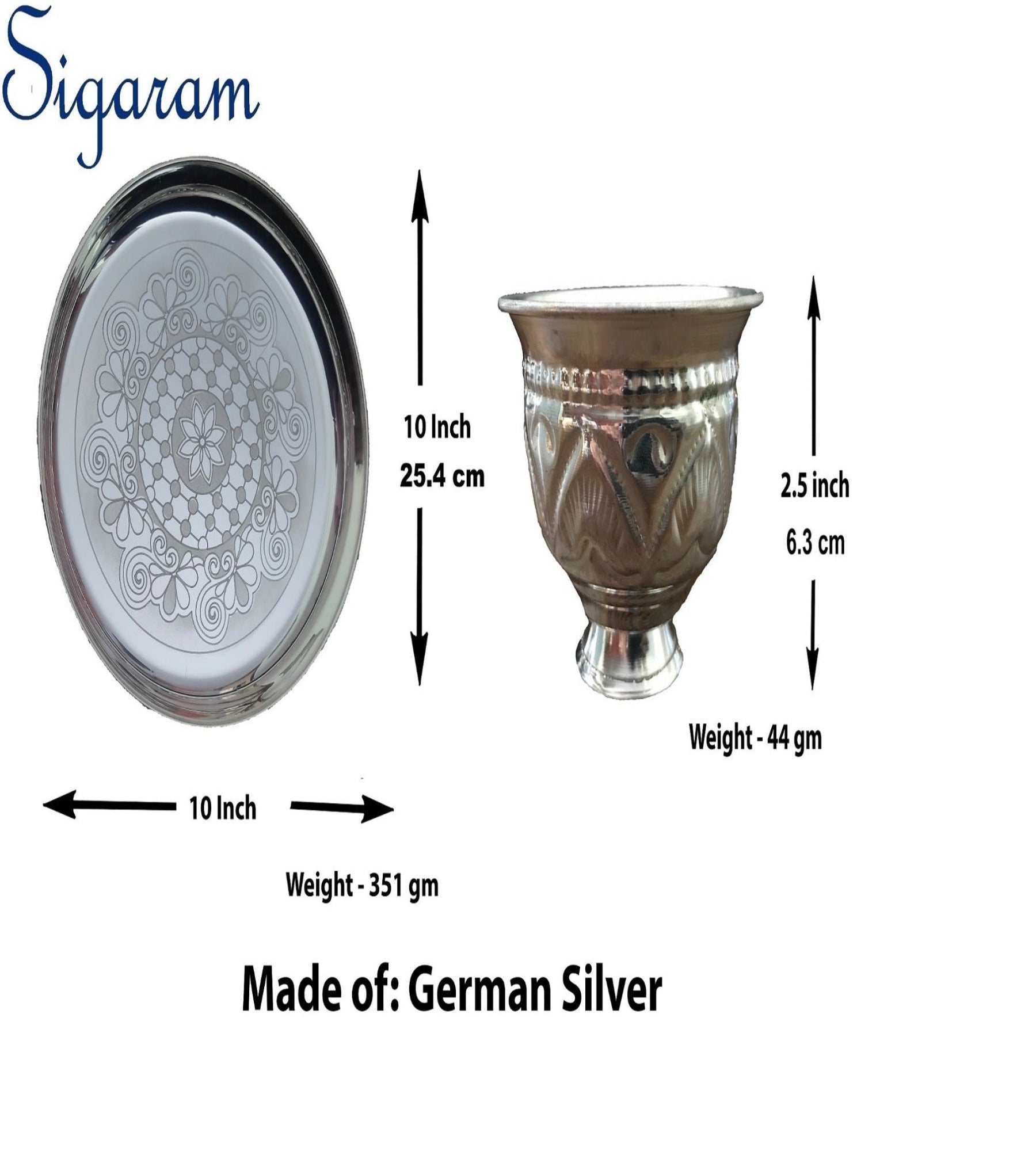 Sigaram German Silver 10 Inch Plate and Kum Kum Cup For Home Pooja Decore K2450