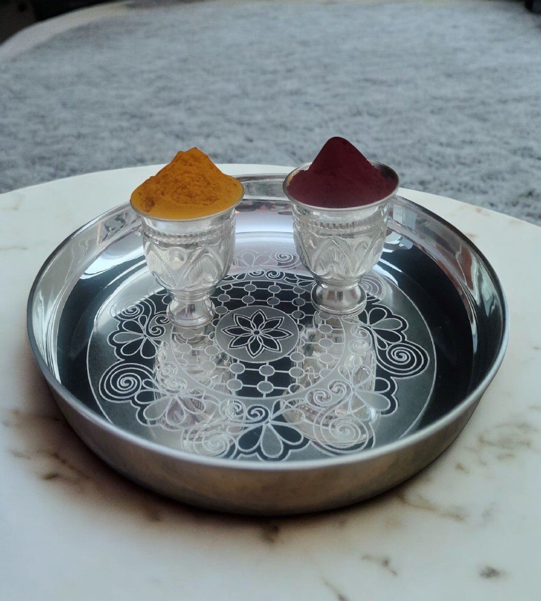 Sigaram German Silver 10 Inch Plate and Kum Kum Cup For Home Pooja Decore K2450