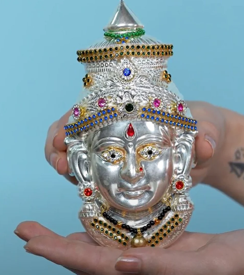 7.5X4 Inch German Silver Lakshmi Face Mukoot for Vara Mahalakshmi Festival K4146