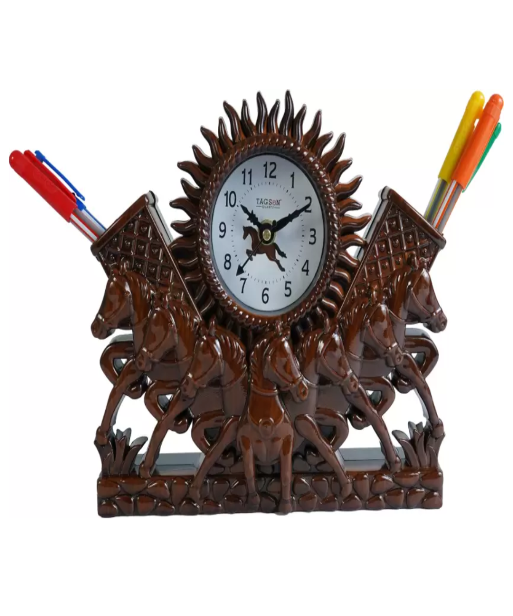 22x19 Cm Horse Table Clock With Penstand For Home Office College K4188
