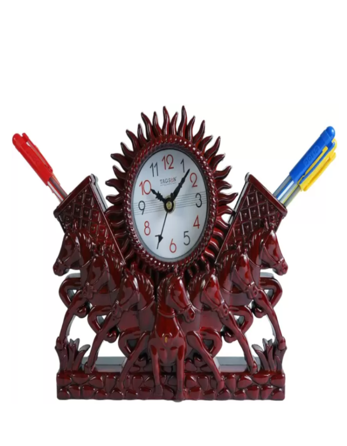 22x19 Cm Horse Table Clock With Penstand For Home Office College K4189
