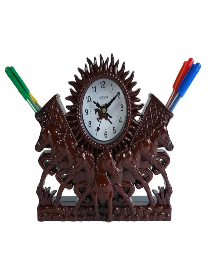 22x19 Cm Horse Table Clock With Penstand For Home Office College K4190