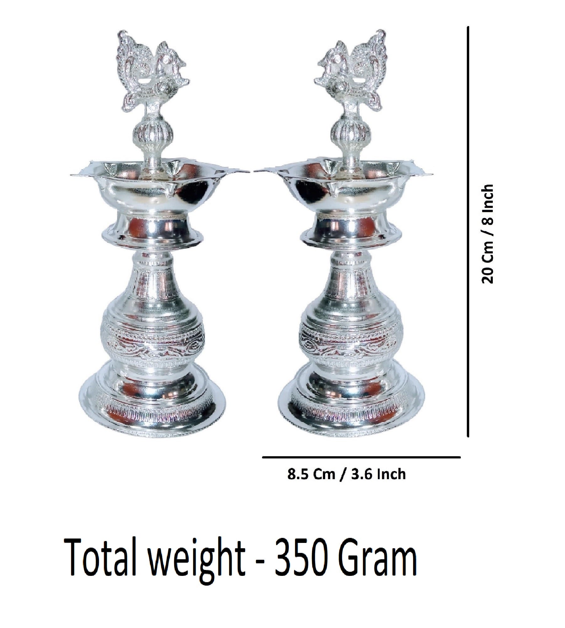 Sigaram 8X3.5 Inch Peacock Diya Made by Pure German Silver For Puja K4240