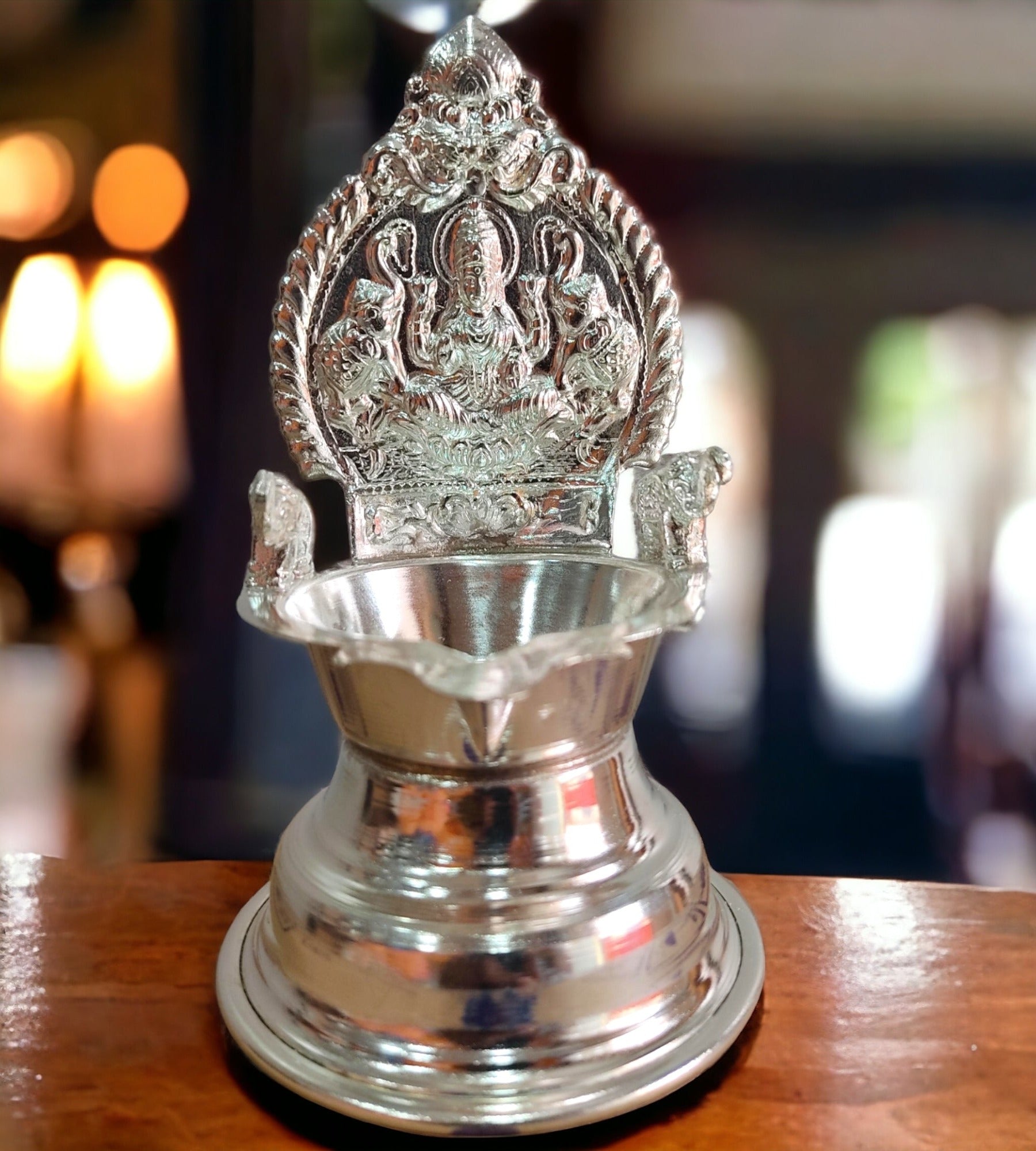 Sigaram 6.2 Inch Gaja Lakshmi Deepam / Vilakku Silver Plated Table Diya  K4296