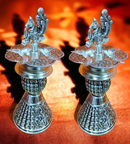 Sigaram 9 Inch Antique German Silver Diya Samai Deepa For Home Pooja Decor K4396