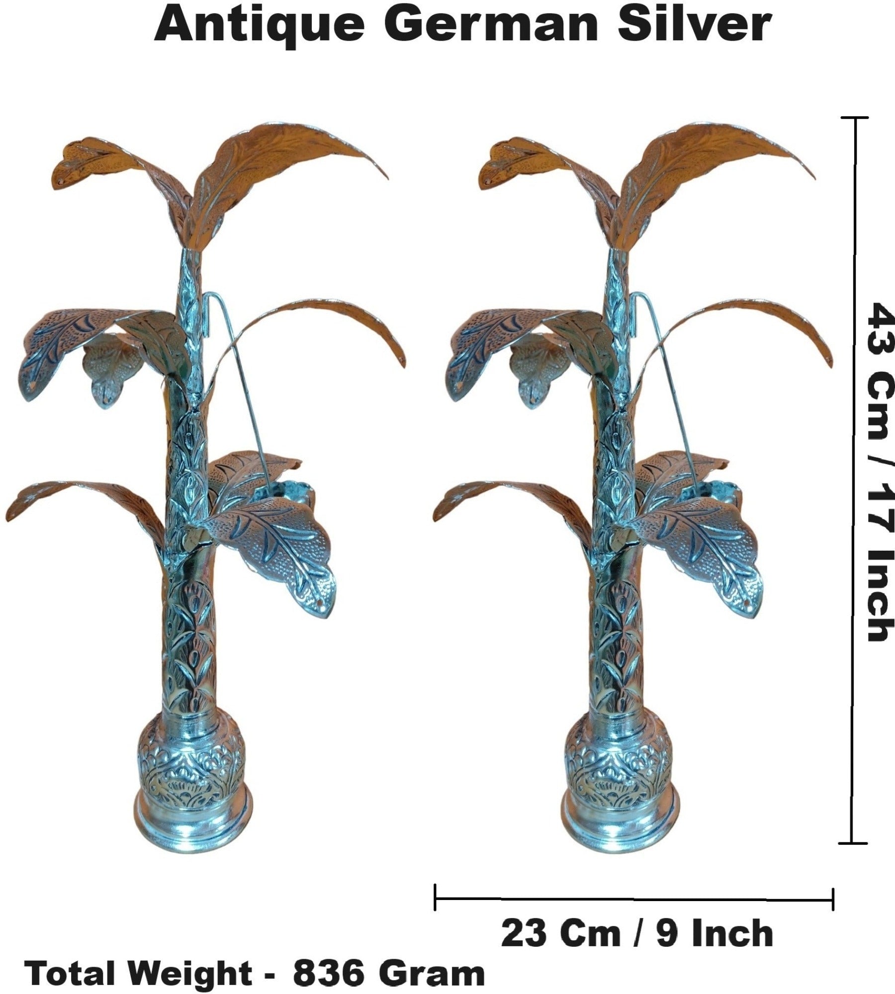 Sigaram 17 Inch Antique German Silver Banana Tree and Leaves For Home Pooja Decor K4403