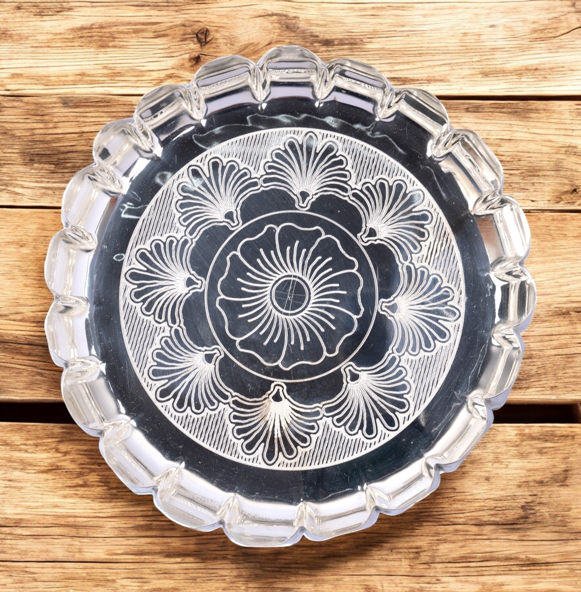 Sigaram 8 Inch German Silver Floral Designed Plate with Lay For Home Pooja Decor K4404