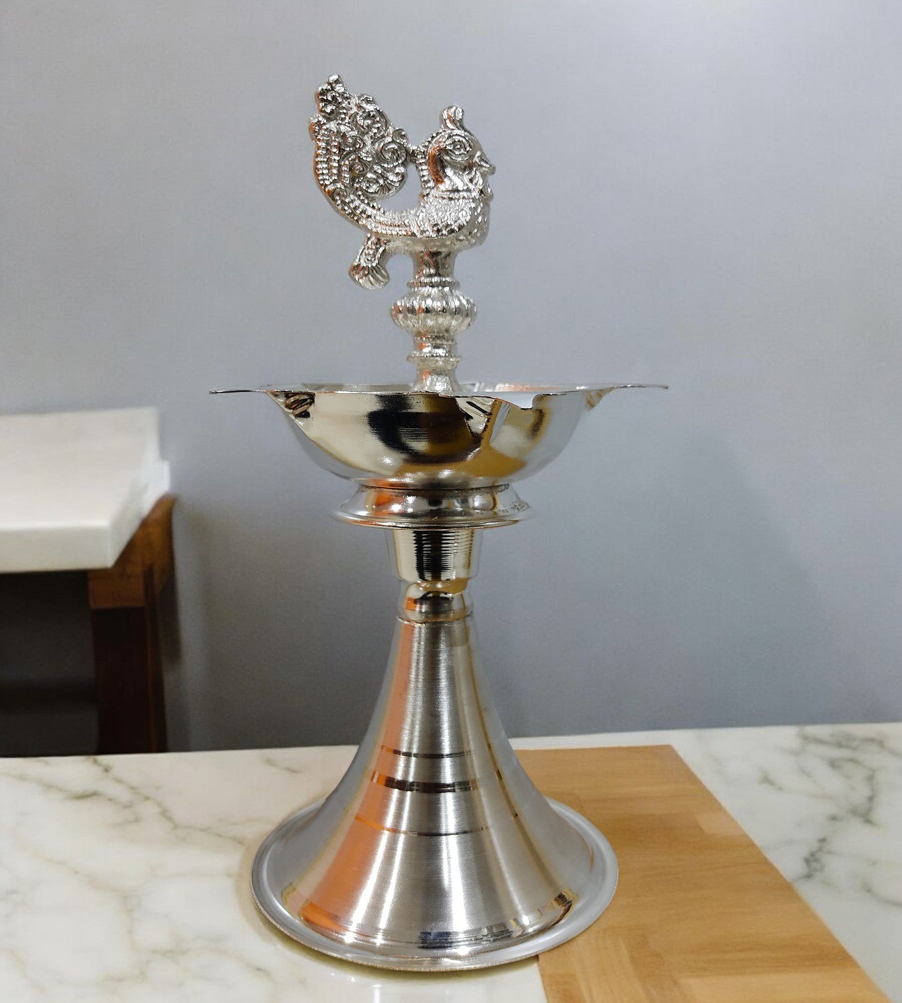 Sigaram 9 Inch Pecock Diya Made By Pure German Silver For Home Pooja Decore K4425