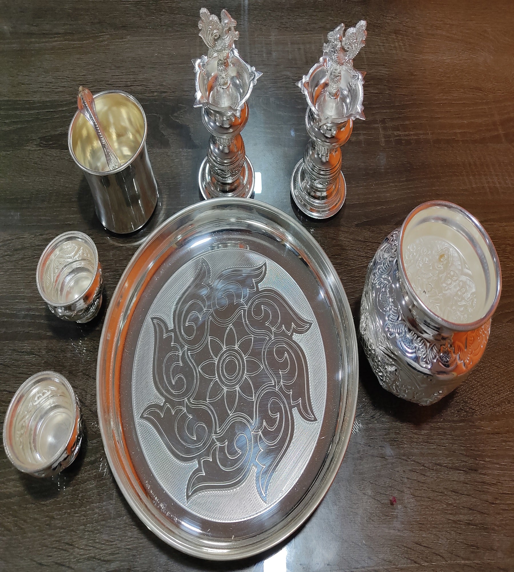 Sigaram German Silver Designed Pooja Thali Set For Vara Mahalakshmi Festival K4429