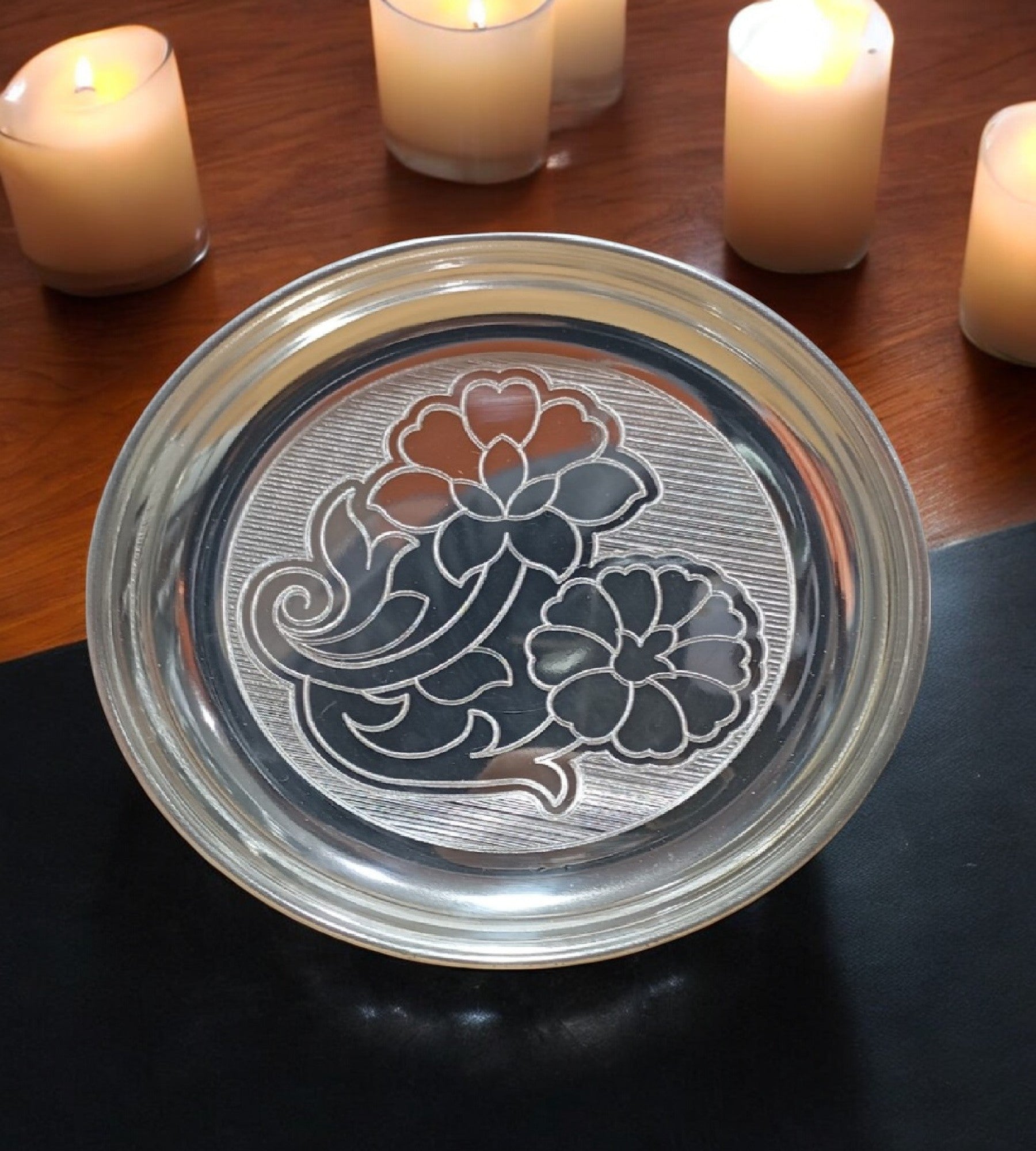 Sigaram German Silver 6 Inch Floral Design Plate For Home Pooja Decore K4432