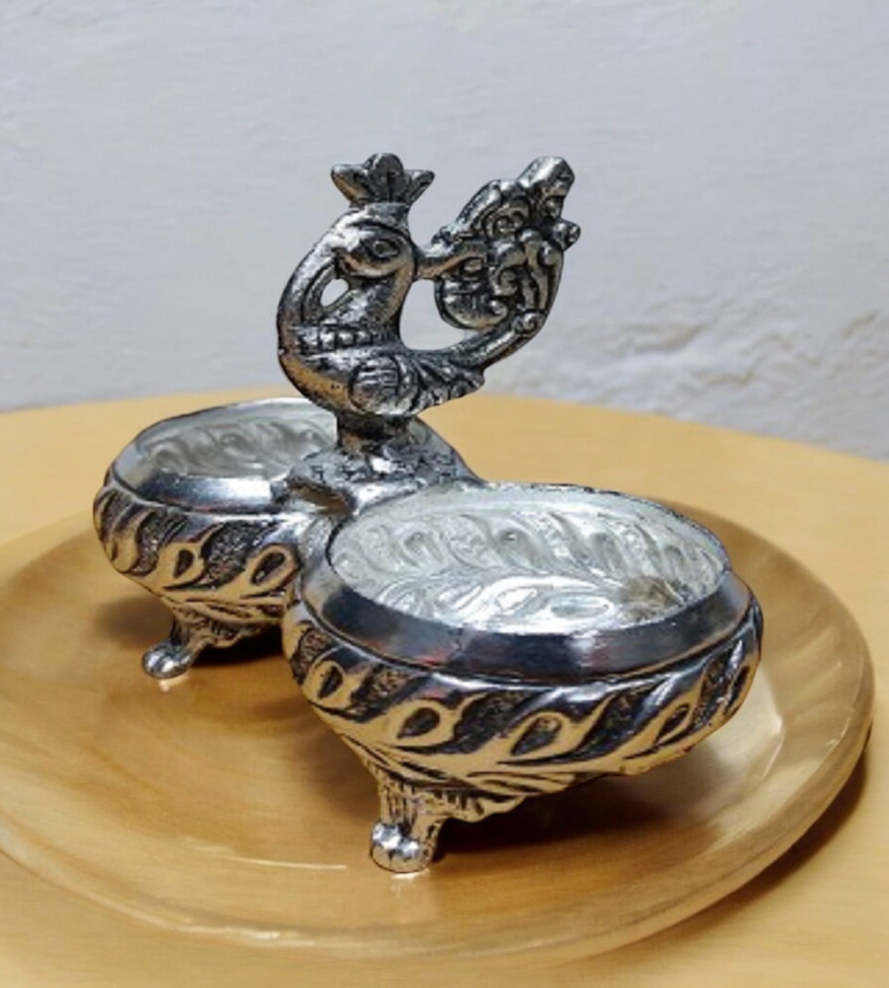 Sigaram 3.5 Inch Antique German Silver 2 Cup Panchwala Kum Kum Bharani For Home Pooja Decore K4478