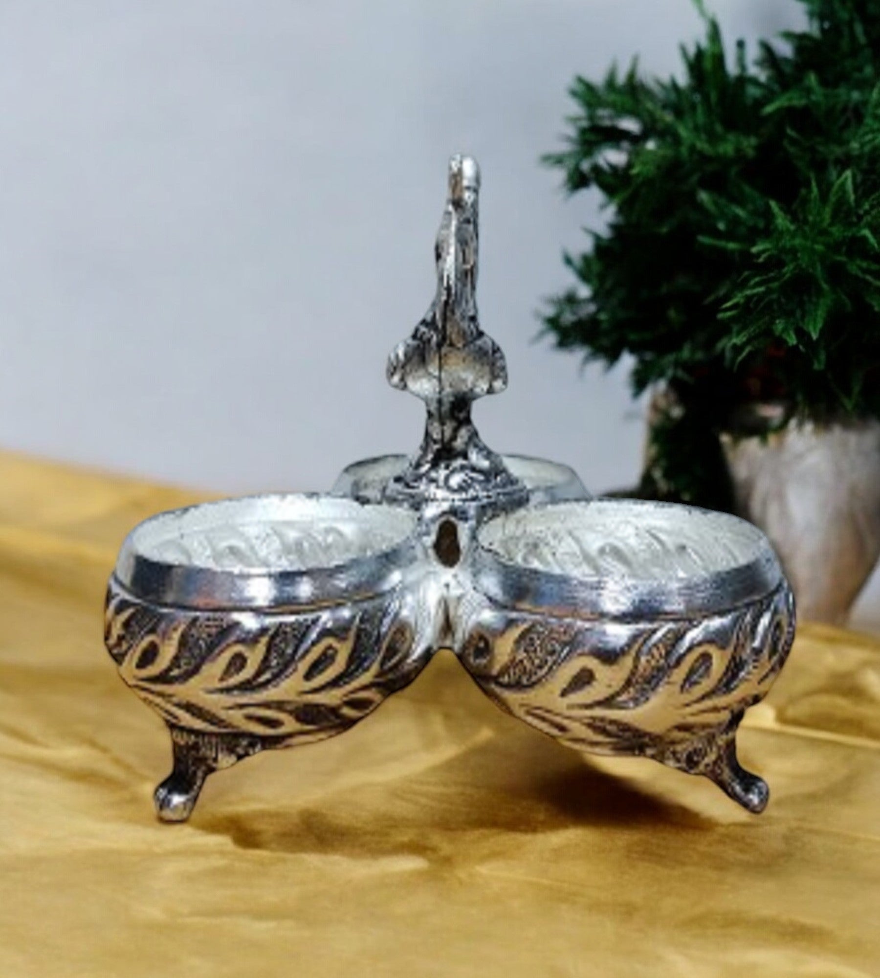 Sigaram 4Inch Antique German Silver 3 Cup Panchwala Kum Kum Cup For Home Pooja Decore K4479