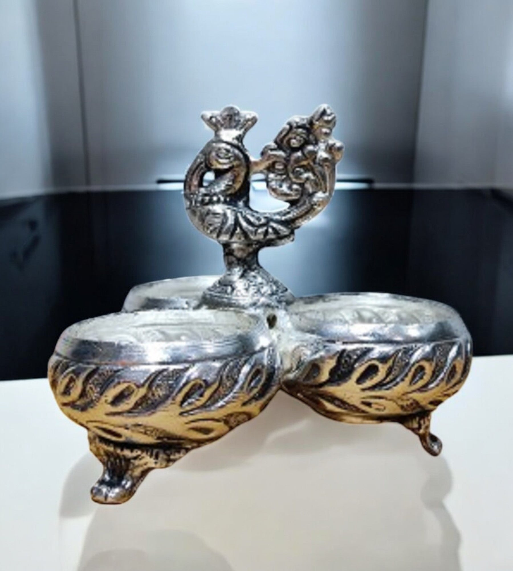 Sigaram 4Inch Antique German Silver 3 Cup Panchwala Kum Kum Cup For Home Pooja Decore K4479