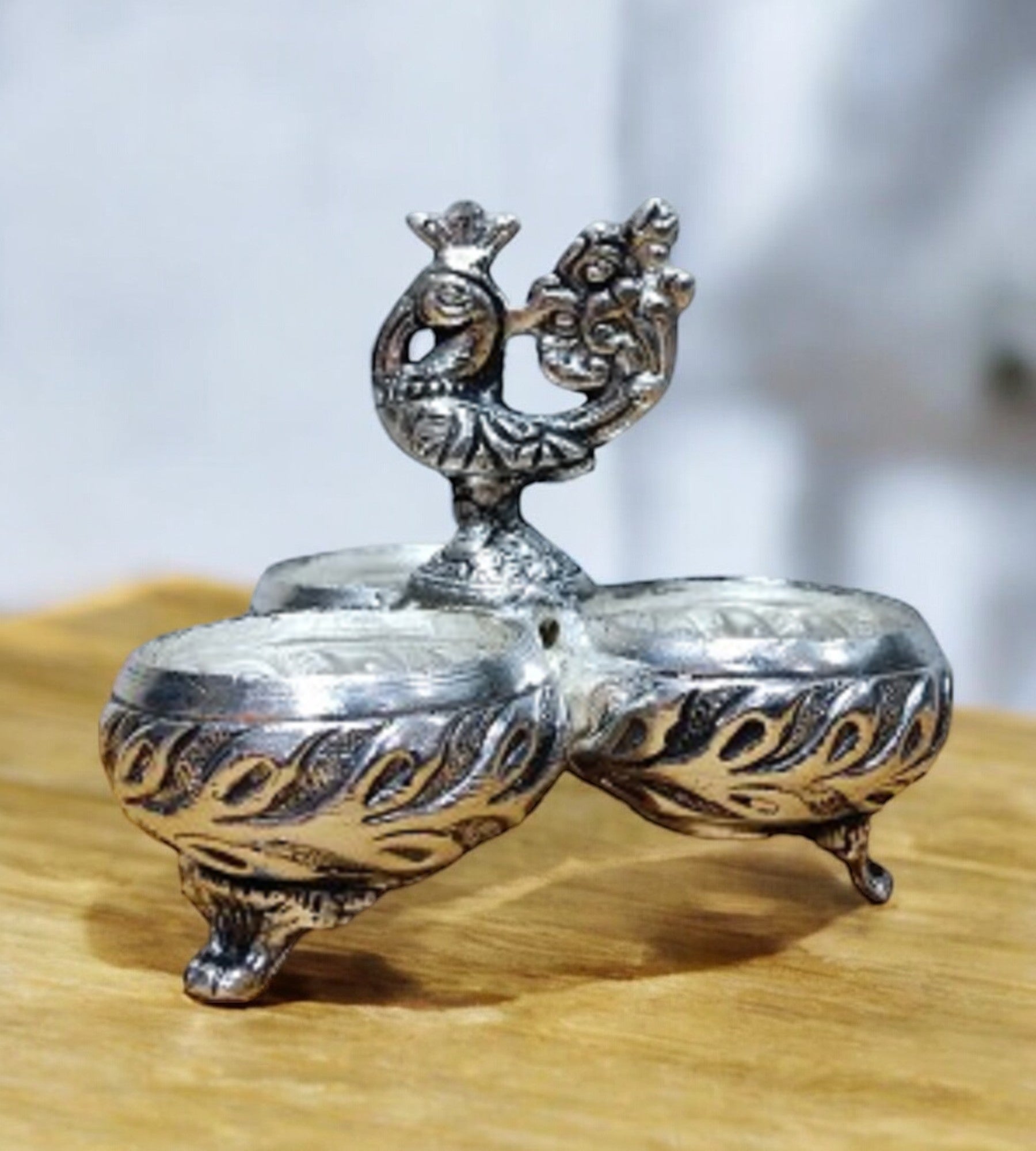 Sigaram 4Inch Antique German Silver 3 Cup Panchwala Kum Kum Cup For Home Pooja Decore K4479
