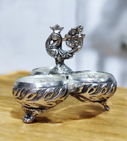Sigaram 4Inch Antique German Silver 3 Cup Panchwala Kum Kum Cup For Home Pooja Decore K4479