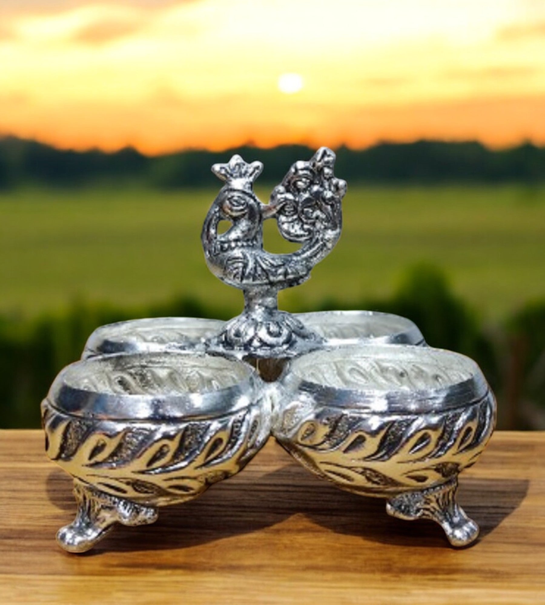 Sigaram 4 Inch  Antique German Silver 4 Cup Panchwala Kum Kum Cup For Home Pooja Decore K4480