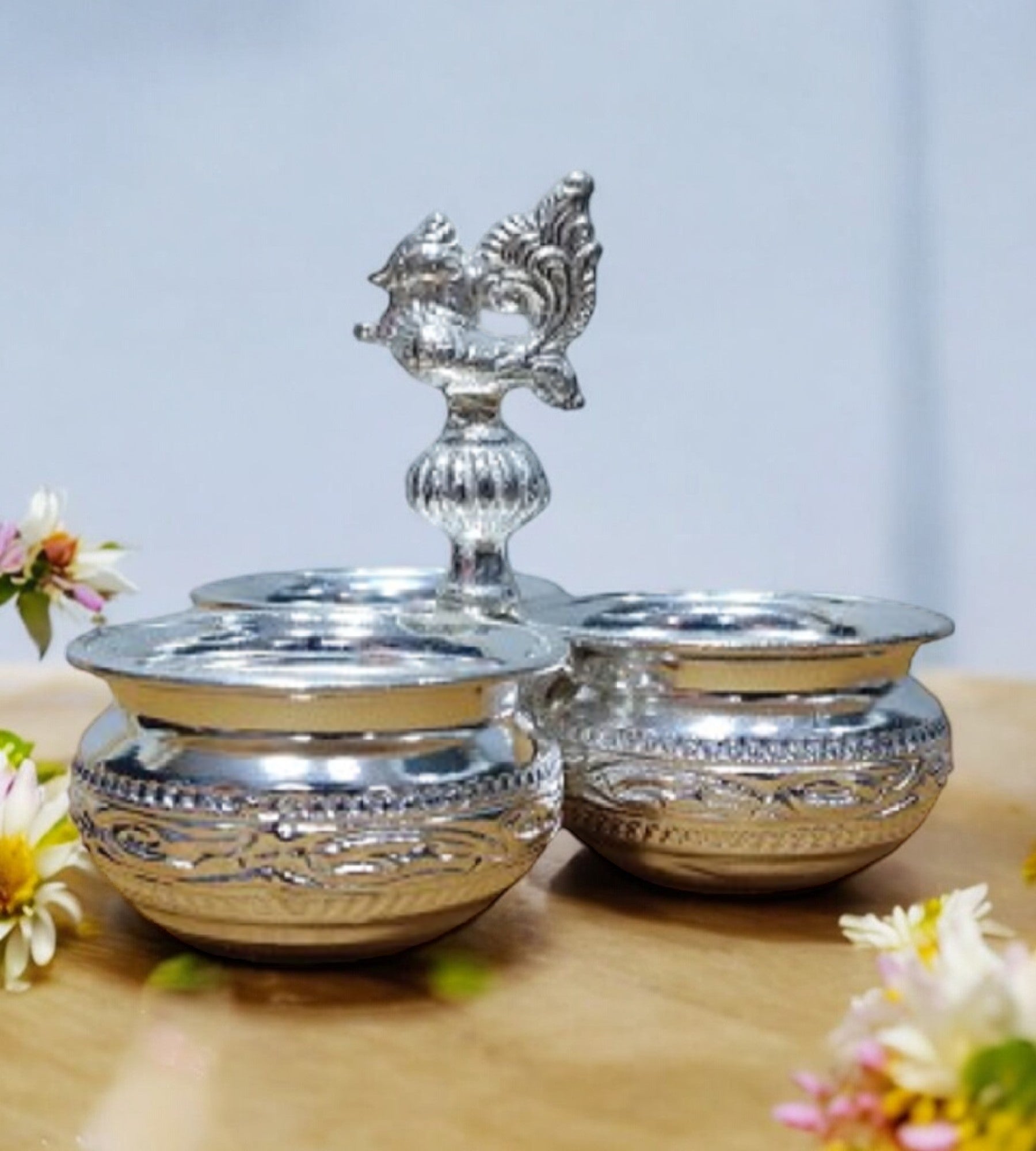 Sigaram 4.5 Inch German Silver Big 3 Cup Panchwala Kum Kum Cup For Home Pooja Decore K4484