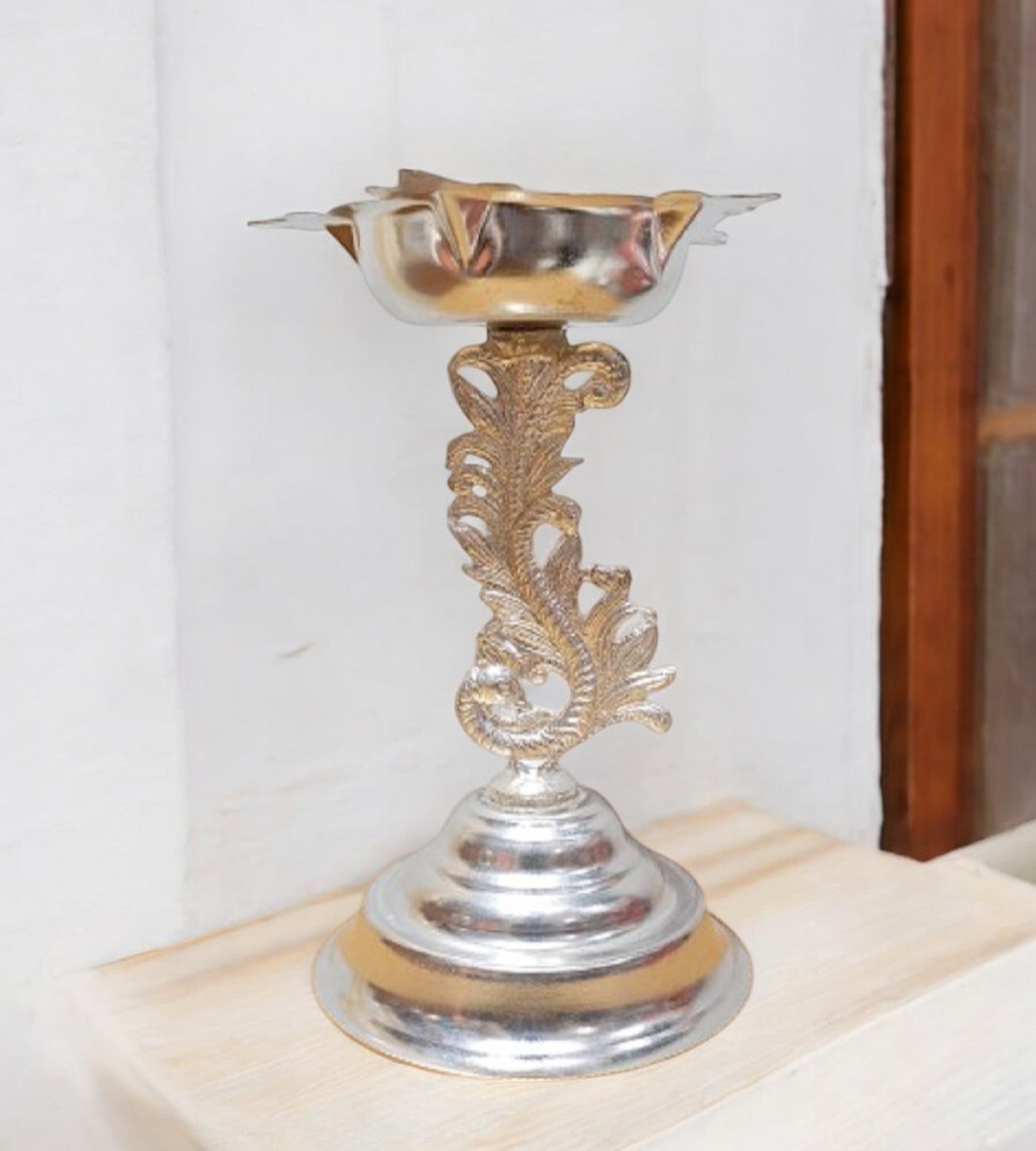 Sigaram 7.5 Inch Peacock Diya Made By Pure German Silver For Home Pooja Decore K4491