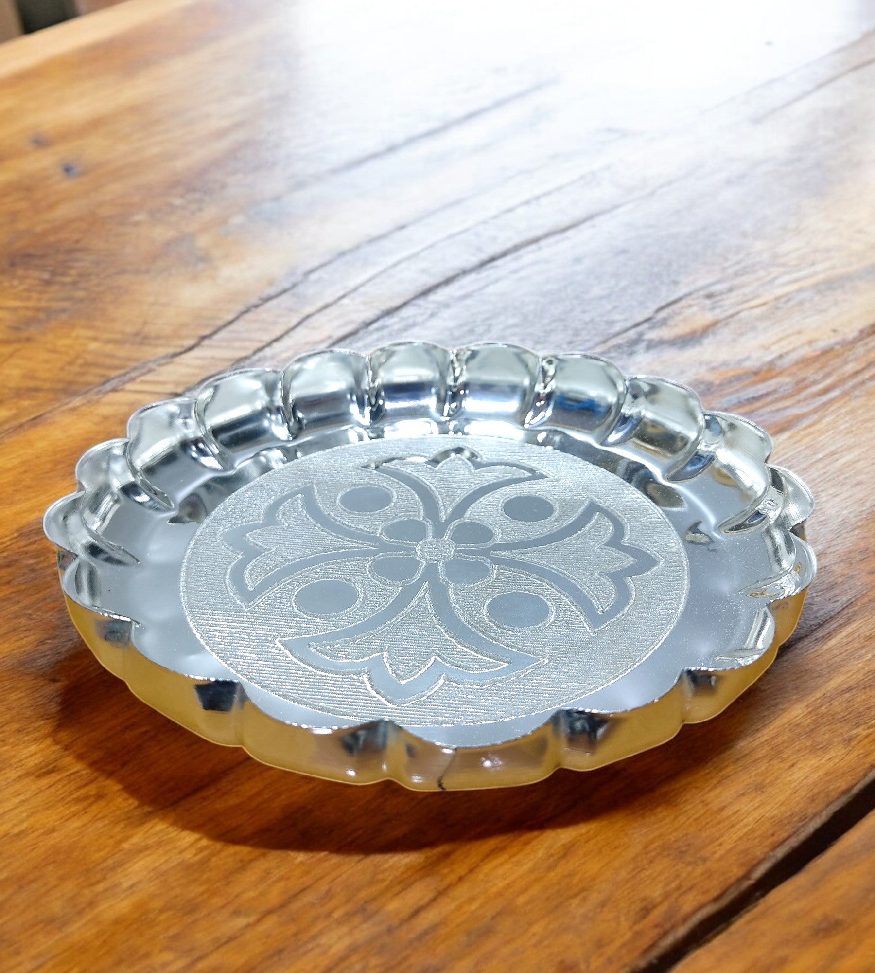 Sigaram 7 Inch German Silver Floral Designed Plate with Leg For Home Pooja Decor K4594