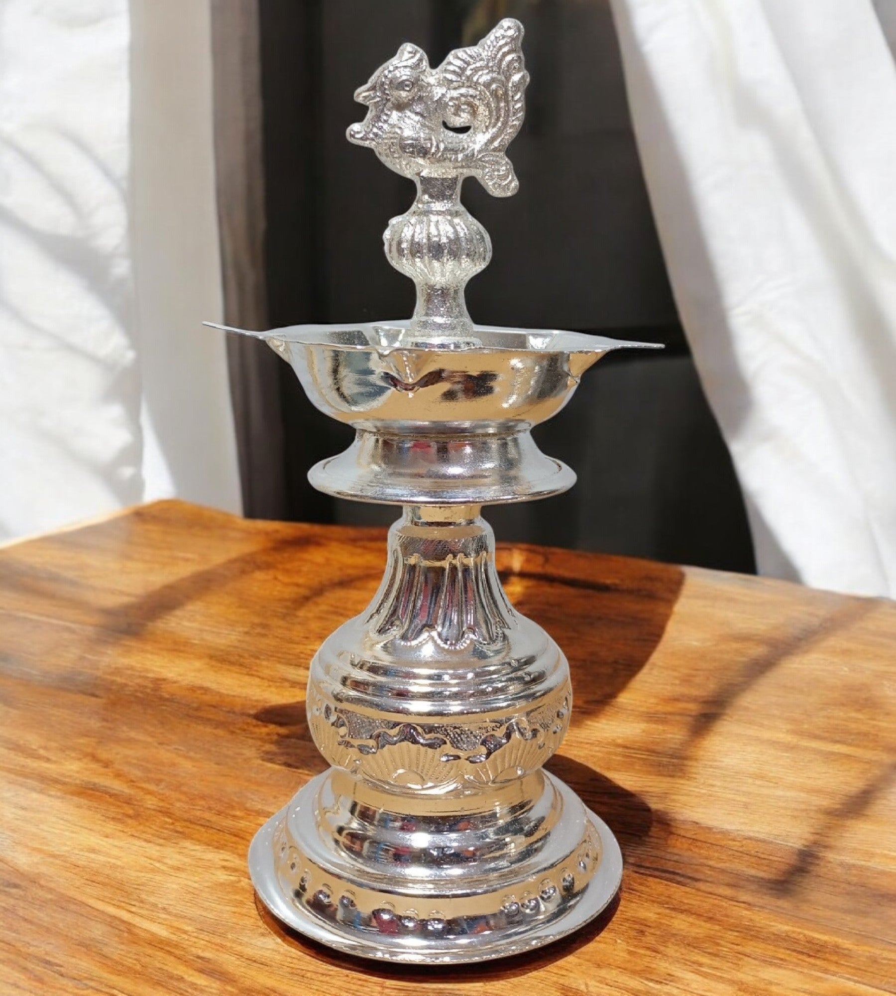 Sigaram Brass 8 Inch Peacock Handle Diya For Home Pooja Decore K4633