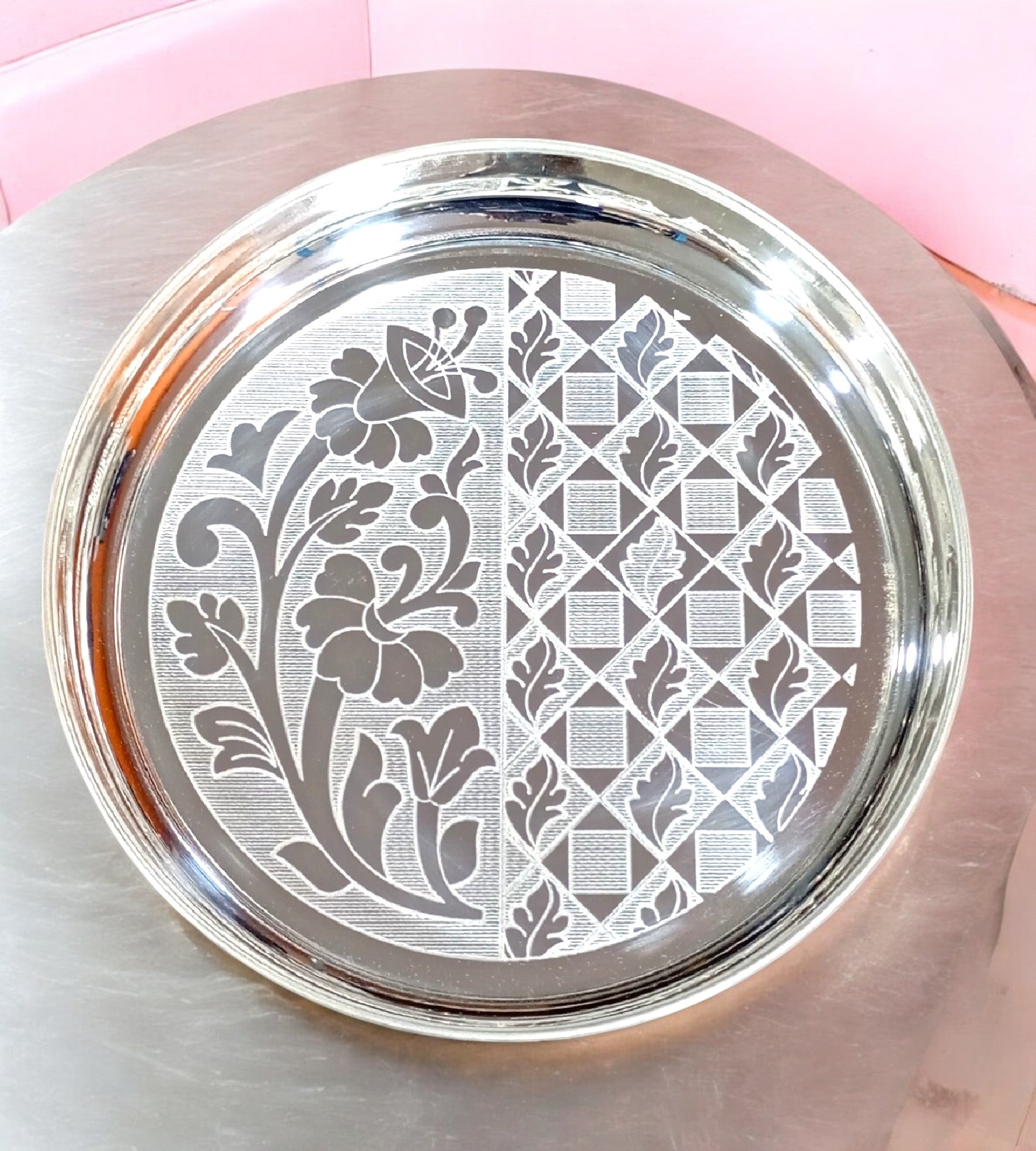 Sigaram Brass 10 Inch Floral Designed Plate For Home Pooja Decore K4647