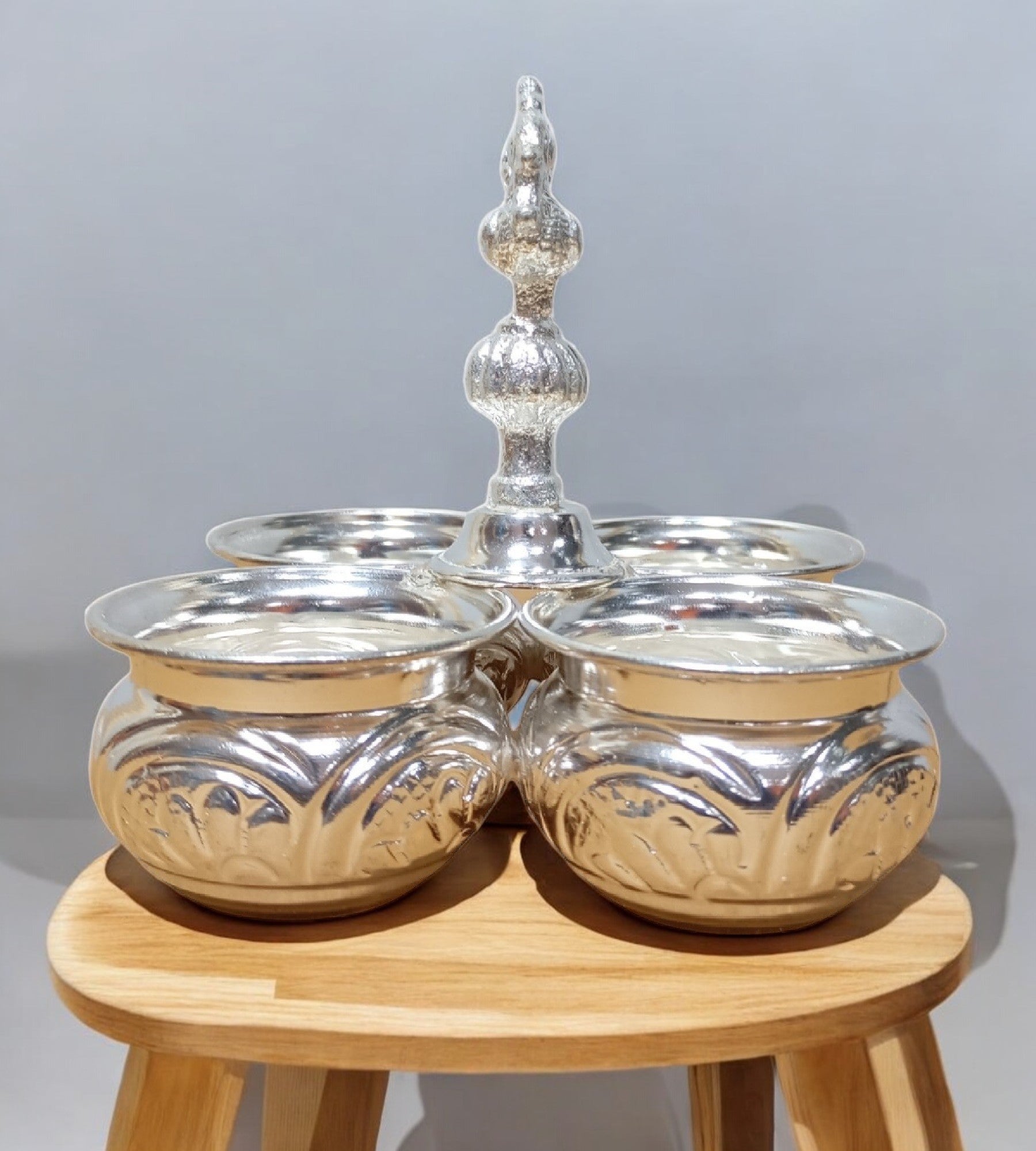 Sigaram German Silver 5 x 5 Inch 4 Cup Panchwala with Peacock Handle For Home Pooja Decore K4654