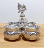 Sigaram German Silver 5 x 5 Inch 4 Cup Panchwala with Peacock Handle For Home Pooja Decore K4654