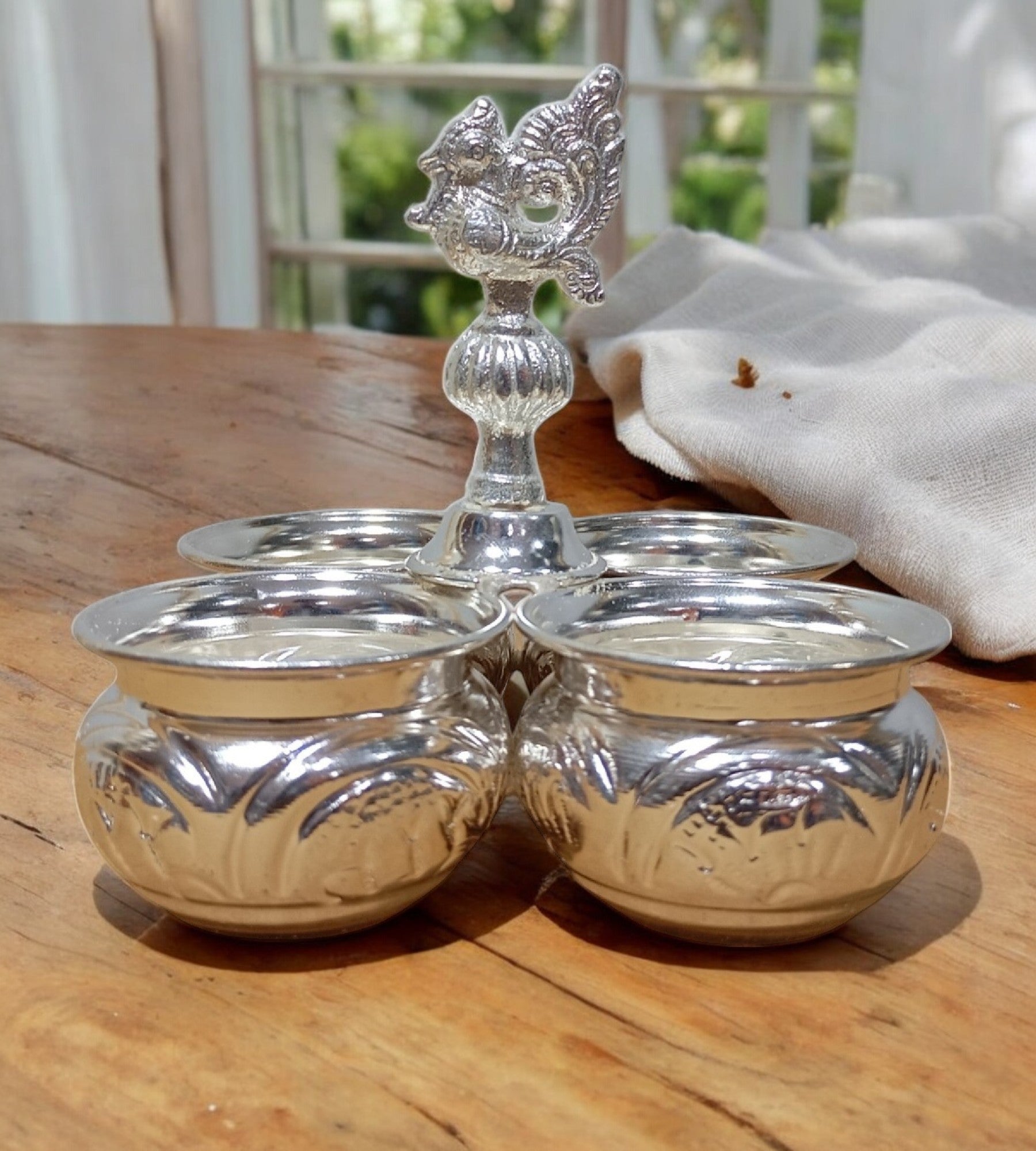 Sigaram German Silver 5 x 5 Inch 4 Cup Panchwala with Peacock Handle For Home Pooja Decore K4654