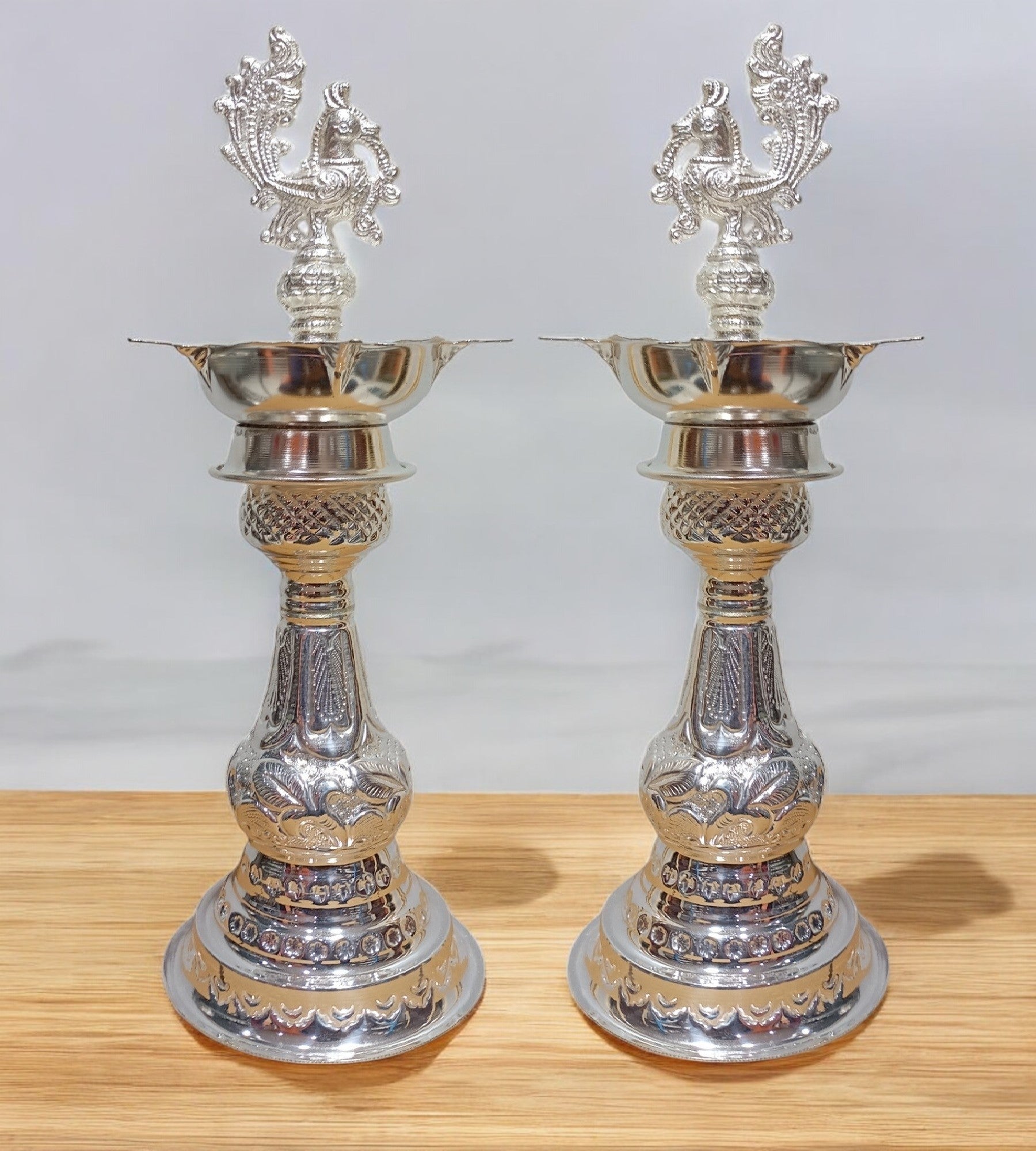 Sigaram German Silver 12 Inch Peacock Handle Diya For Home pooja Decore K4657