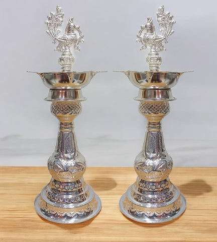 Sigaram German Silver 12 Inch Peacock Handle Diya For Home pooja Decore K4657